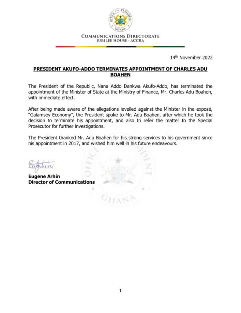 Akufo Addo Sacks Minister Of State Charles Adu Boahen Over Anas Expos