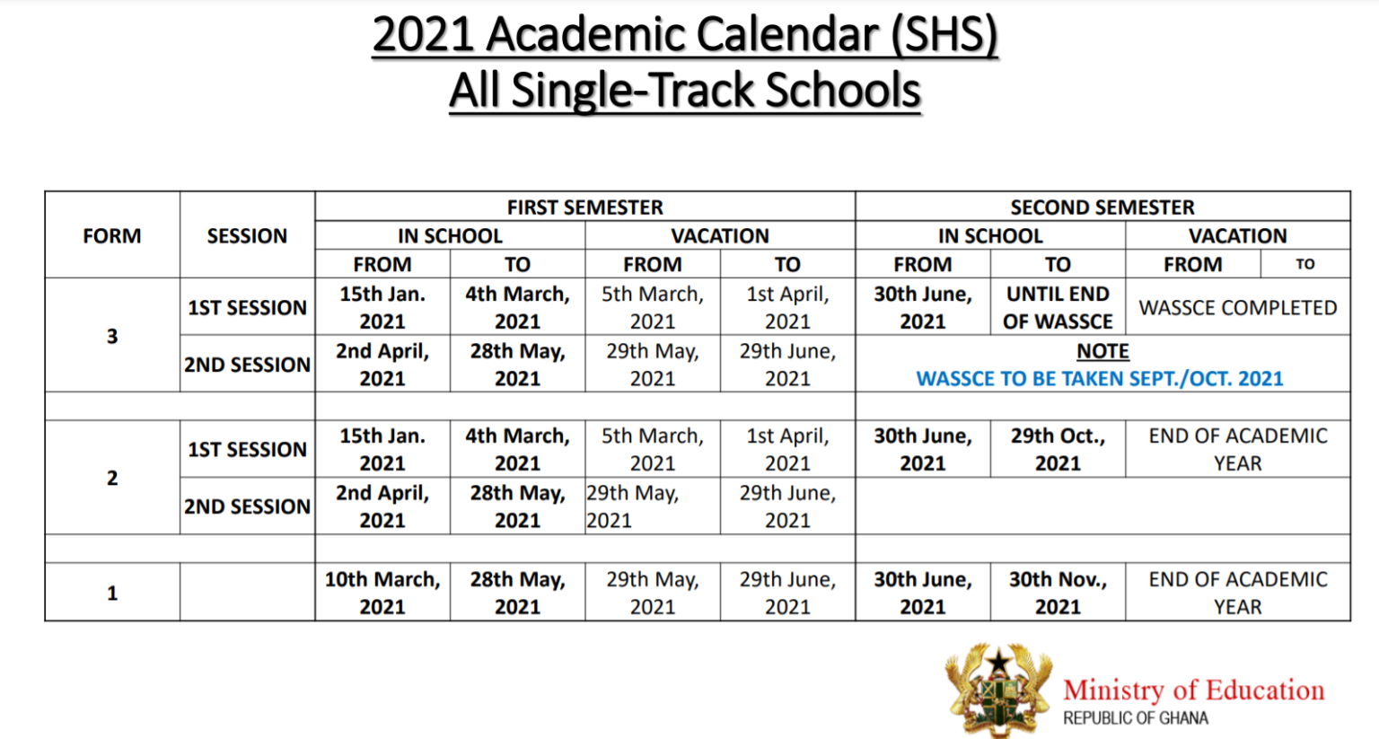 Full details of 2020/21 academic calendar for Kindergarten, Primary