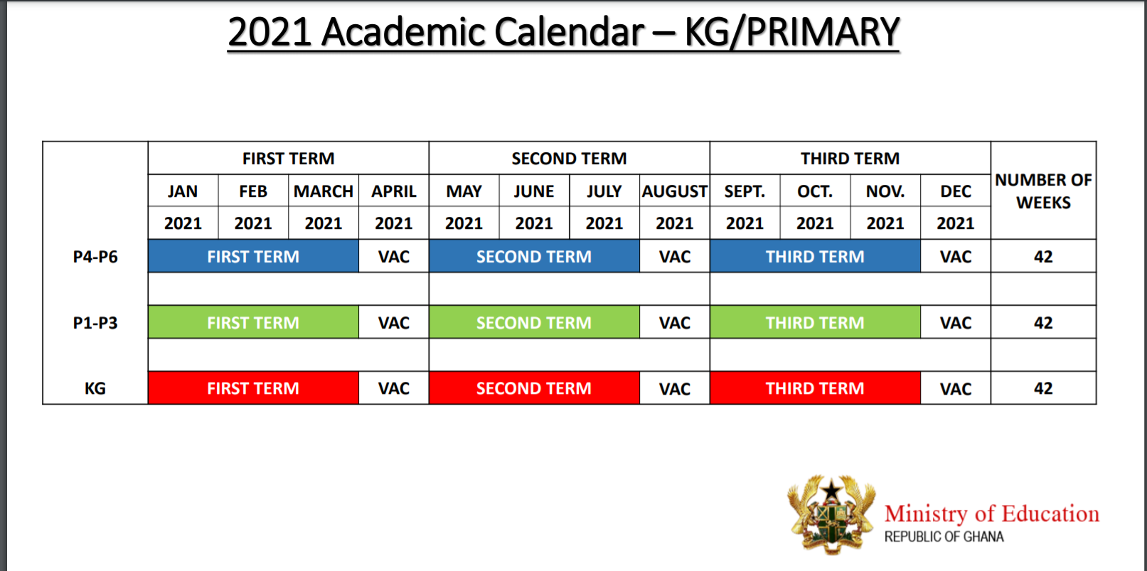 Full details of 2020/21 academic calendar for Kindergarten Primary