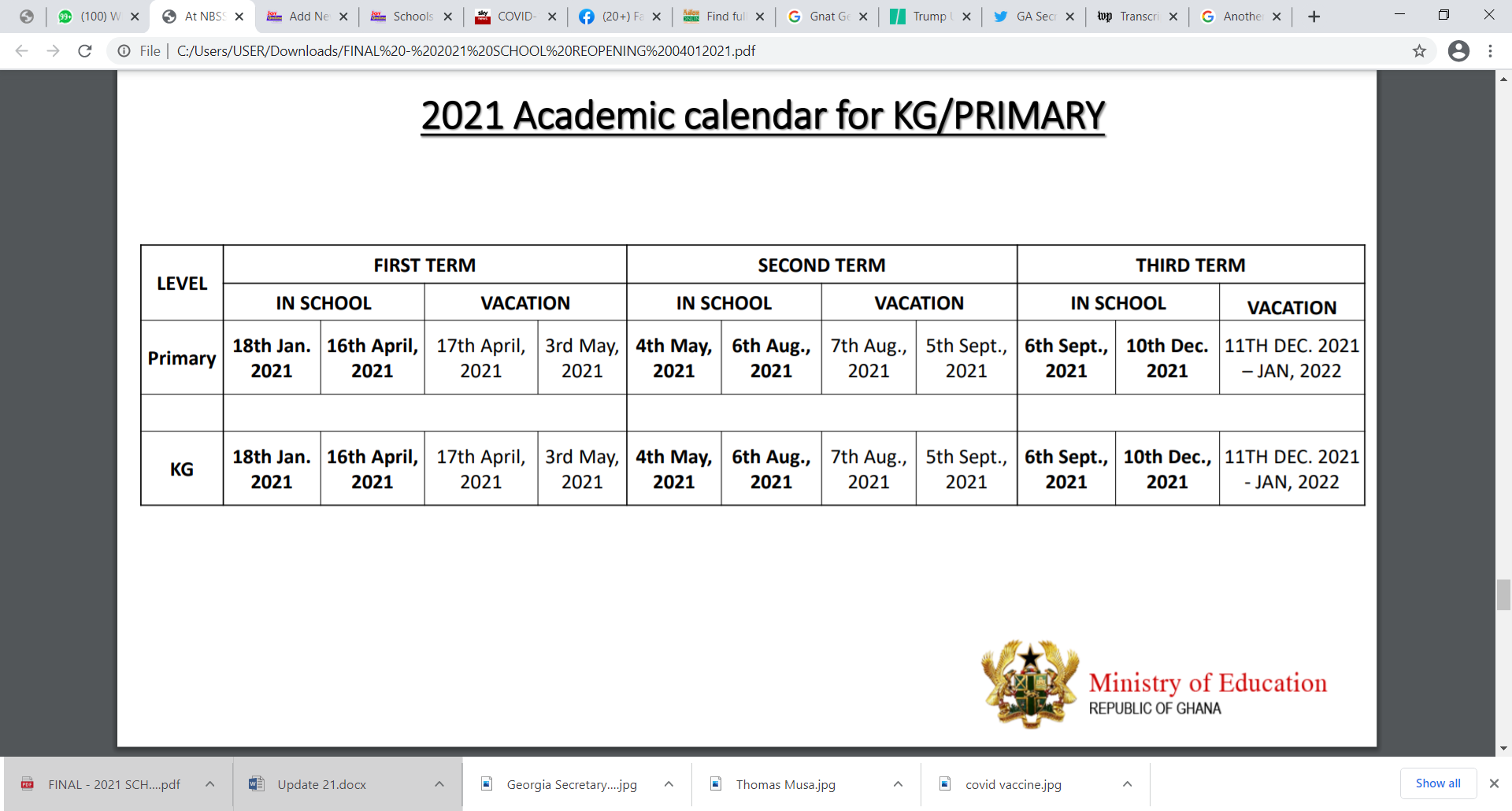 Full details of 2020/21 academic calendar for Kindergarten, Primary