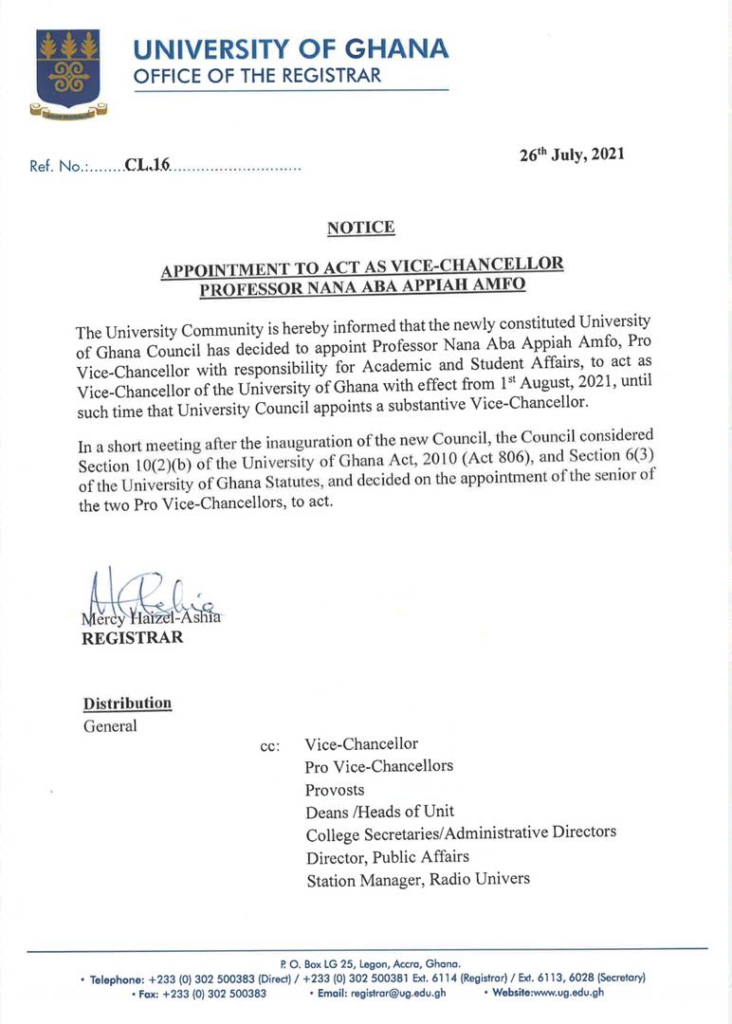 Professor Nana Aba Appiah Amfo appointed Acting Vice-Chancellor of the University of Ghana