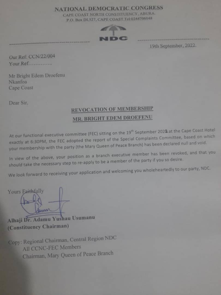 Cape Coast Constituency NDC revokes membership of former PPP Parliamentary candidate; asks him to re-apply