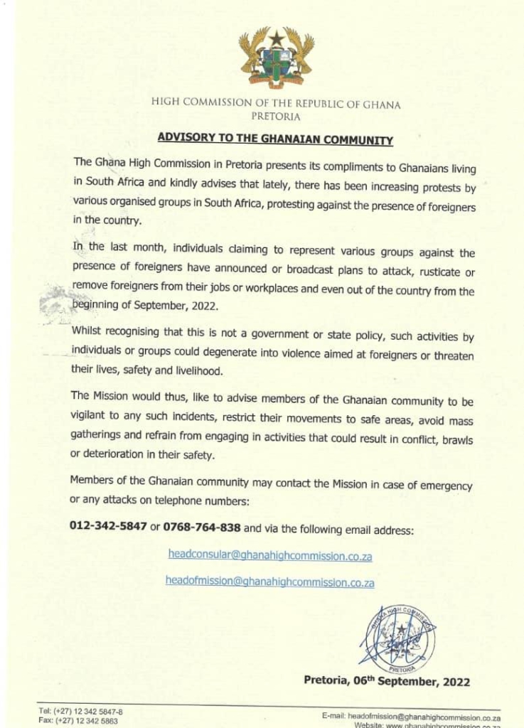 'Be vigilant' – Ghana’s High Commission in SA advises Ghanaians on protests against foreigners