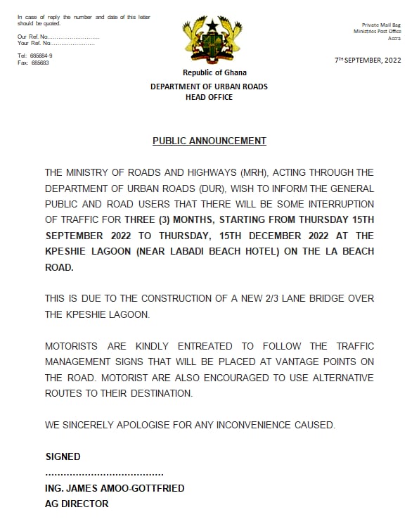 La-Teshie beach road to be closed for bridge construction effective Sept. 15