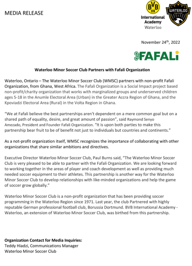 Canada-based Waterloo Minor Soccer Club partners Fafali Organization